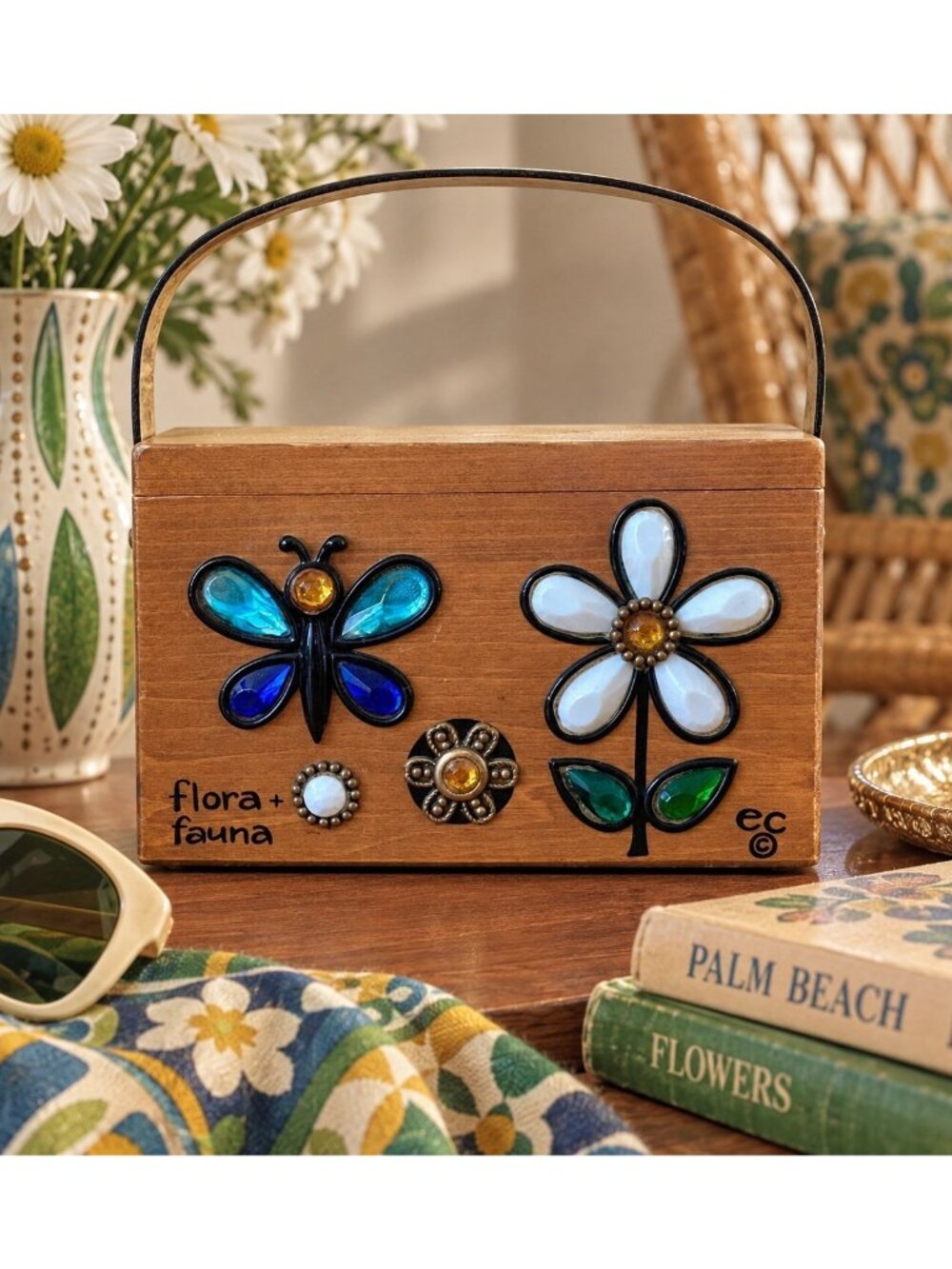 Vintage 1960s Enid Collins Flora + Fauna Wood Box Bag Jeweled Butterfly Floral